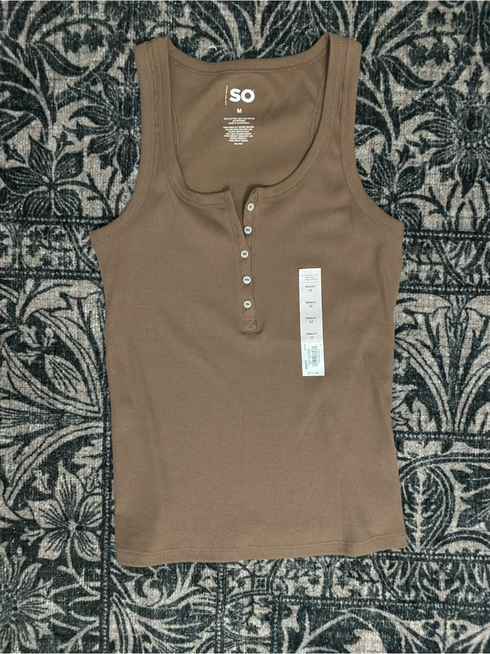 SO Brown Ribbed Henley Tank Top